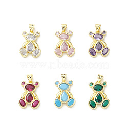 Rack Plating Brass Micro Pave Cubic Zirconia Pendants, Lead Free & Cadmium Free, Bear Charm, Real 18K Gold Plated, Mixed Color, 20x14.5x3mm, Hole: 4x3mm(KK-H443-04G)