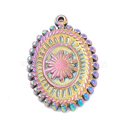 Ion Plating(IP) 304 Stainless Steel Pendants,  Oval with Flower, Rainbow Color, 19.5x13.5x2mm, Hole: 0.8mm(STAS-P288-05M)