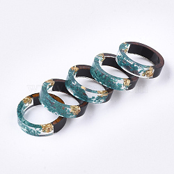 Epoxy Resin & Ebony Wood  Rings, with Dried Flower, Gold Foil, Dark Cyan, 17mm(RJEW-S043-02B-04)