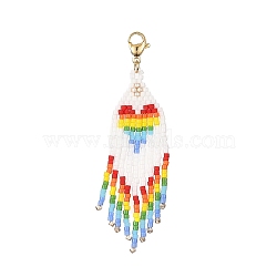 Handmade Loom Pattern Seed Beads Tassels Pendants Decoration, with 304 Stainless Steel Lobster Claw Clasps, Heart, Colorful, 65mm(HJEW-MZ00018)
