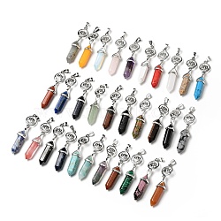 Natural & Synthetic Gemstone Double Terminated Pointed Big Pendants, with Platinum Tone Brass Findings, Cadmium Free & Lead Free, Ring with Lotus & Bullet, Faceted, Mixed Dyed and Undyed, 65~70mm(G-J393-FP)