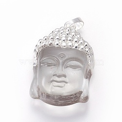 Glass Pendants, with Brass Findings, Buddha Head, Silver Color Plated, Clear, 40x26.5x16.5mm, Hole: 5x8mm(KK-I639-01FP)