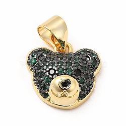 Rack Plating Brass Micro Pave Cubic Zirconia Charms, Cadmium Free & Lead Free, Real 18K Gold Plated, Long-Lasting Plated, Bear Head Charm, Green, 11.5x12x5mm, Hole: 3.5x4.5mm(KK-G456-23G-01)