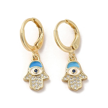 Hamsa Hand with Evil Eye Real 18K Gold Plated Brass Dangle Leverback Earrings, with Enamel and Cubic Zirconia, Deep Sky Blue, 25.5x9mm
