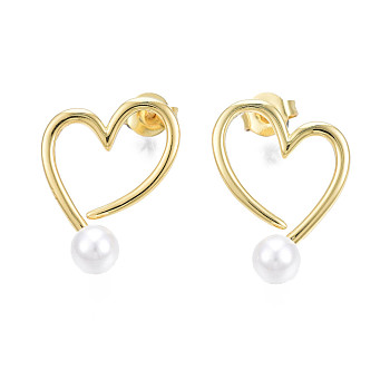 Brass Open Heart Stud Earrings with ABS Plastic Pearl for Women, Nickel Free, Real 18K Gold Plated, 18x13.5mm, Pin: 0.8mm