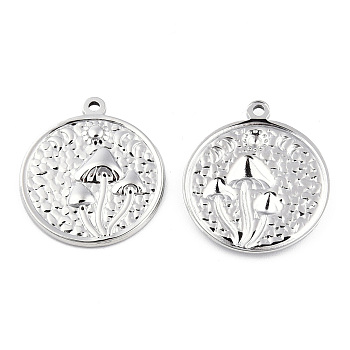 201 Stainless Steel Pendants, Flat Round with Mushroom Charm, Stainless Steel Color, 29x25x3mm, Hole: 1.8mm