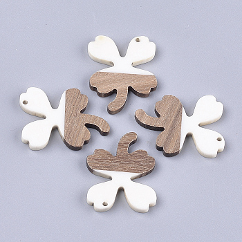 Resin & Walnut Wood Pendants, Clover, Creamy White, 37x28.5x3.5~4mm, Hole: 2mm