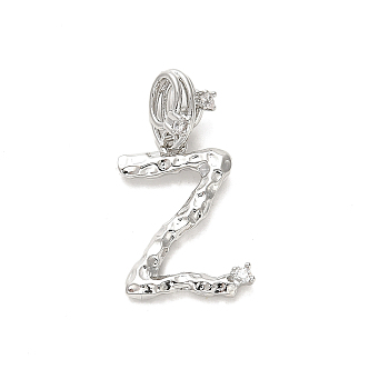Rack Plating Brass Micro Pave Cubic Zirconia European Dangle Charms, Large Hole Letter Pendant, Platinum, Long-Lasting Plated, Cadmium Free & Lead Free, Letter Z, 25.5mm, Charm: 17.5x13x2mm, Hole: 4x2.5mm