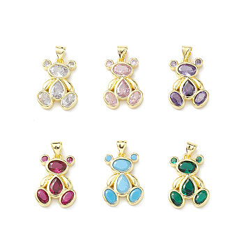 Rack Plating Brass Micro Pave Cubic Zirconia Pendants, Lead Free & Cadmium Free, Bear Charm, Real 18K Gold Plated, Mixed Color, 20x14.5x3mm, Hole: 4x3mm