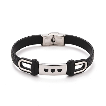 201 Stainless Steel Rectangle Link Bracelet with PU Leather Cord for Men Women, Black, Heart Pattern, 9-1/8 inch(23cm)