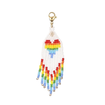 Handmade Loom Pattern Seed Beads Tassels Pendants Decoration, with 304 Stainless Steel Lobster Claw Clasps, Heart, Colorful, 65mm