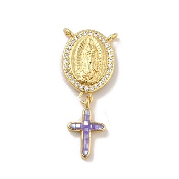 Brass Charms, with Shell, Cadmium Free & Lead Free, Long-Lasting Plated, Oval with Saint & Cross, Real 18K Gold Plated, Mauve, 30mm, Hole: 1.5mm