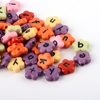 Opaque Acrylic Flower Horizontal Hole Letter Beads, Random Mixed Letters, Mixed Color, 11x11x4mm, Hole: 2mm, about 1300pcs/500g