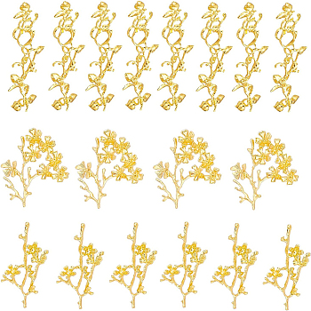 BENECREAT 24Pcs 3 Style Electroplated Alloy Rhinestone Settings, Branch with Flower, Real 18K Gold Plated, Real 18K Gold Plated, Fit For 1.2~3.5mm Rhinestone, 53~97x32~46x5~6mm, 8pcs/style