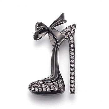 Brass Micro Pave Cubic Zirconia Stilettos Pendants, Long-Lasting Plated, High-heeled Shoes, Clear, Gunmetal, 24x13x3mm, Hole: 1x2mm and 1x4mm