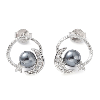 Shell Pearl Dangle Stud Earrings, Moon & Star Real Platinum Plated Rhodium Plated 925 Sterling Silver Earrings, with 925 Stamp, Gray, 13x13mm