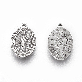 304 Stainless Steel Religon Charms, Oval with Virgin Mary, Stainless Steel Color, 13x8.5x1.6~1.8mm, Hole: 0.8mm
