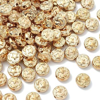 200Pcs Plating ABS Plastic Beads, Flat Round with Moon & Star, Light Gold Plated, 9x4mm, Hole: 1.5mm