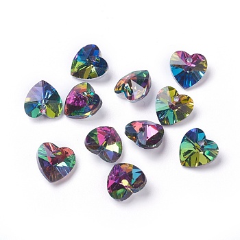 Romantic Valentines Ideas Glass Charms, Faceted Heart Pendants, Colorful, 10x10x5mm, Hole: 1mm