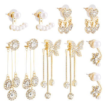 5 Pairs 5 Style Clear Cubic Zirconia Long Dangle Stud Earrings with Sterling Silver Pins for Women, Flower & Heart & Butterfly & Flat Round Drop Earrings, Light Gold, 16~48mm, Pin: 0.5~0.7mm, 1 pair/style