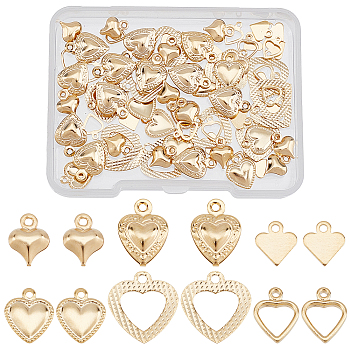 72Pcs 6 Style Brass Charms, Long-Lasting Plated, Heart, Real 24K Gold Plated, 7~13x6~12x0.5~3.5mm, Hole: 0.7~1.5mm, 12pcs/style