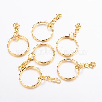 Iron Split Key Rings, with Curb Chains, Keychain Clasp Findings, Golden, 25x2mm(IFIN-H047-G)