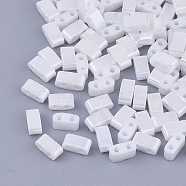 2-Hole Glass Seed Beads, Opaque Colours Luster Plated, Rectangle, White, 4.5~5.5x2x2~2.5mm, Hole: 0.5~0.8mm, about 2000pcs/bag(SEED-S031-M-121)