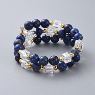 Two Loops Fashion Wrap Bracelets, with Natural Lapis Lazuli(Dyed) Beads, Cube Glass Beads, Lotus Flower 304 Stainless Steel Charms and Iron Spacer Beads, 2 inch(5cm)(BJEW-JB04689-02)