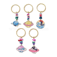 Planet Alloy Enamel Pendant Keychain, with Synthetic Turquoise Beads and Iron Split Key Rings, Mixed Color, 6.6~7.3cm(KEYC-JKC00598)