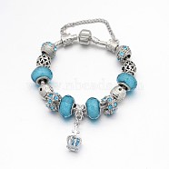 Crown Alloy Rhinestone Enamel European Beaded Bracelets, with Resin European Beads, Brass Chains and Alloy Clasps, Sky Blue, 180mm(BJEW-I182-02D)