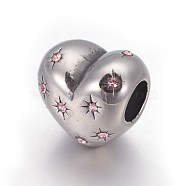 304 Stainless Steel European Beads, Large Hole Beads, with Rhinestone, Heart with Star, Antique Silver, Light Rose, 10.5x11x9mm, Hole: 4.5mm(OPDL-L013-20B)