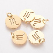 304 Stainless Steel Charms, Flat Round with Constellation/Zodiac Sign, Golden, Scorpio, 12x1mm, Hole: 3mm(STAS-Q201-T445-8G)