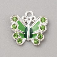 Alloy Enamel Pendants, with Rhinestones, Butterfly Charms, Lime Green, 21x22x3.7mm, Hole: 2.5mm(FIND-WH0417-27C)