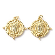 Rack Plating Brass Pendants, with Jump Ring, Cadmium Free & Lead Free, Flat Round with Saint Charm, Real 18K Gold Plated, 23.5x23x3.5mm, Hole: 1.2mm(KK-M254-12G)