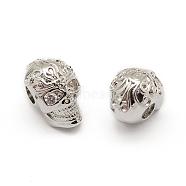 Brass Micro Pave Grade AAA Cubic Zirconia Beads, Cadmium Free & Nickel Free & Lead Free, Skull, Clear, Real Platinum Plated, 13x8.5x10mm, Hole: 3mm(ZIRC-G100-31P-NR)