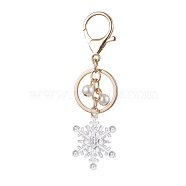 Snowflake Acrylic with Glass Pearl Bead Pendant Keychain, with Alloy Key Rings, Golden, 10.6cm(KEYC-JKC00881)