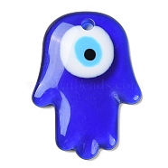 Blue Evil Eye Resin Pendants, Translucent Lucky Eye Charms, Hamsa Hand, 48x35x5.5mm, Hole: 3.4mm(CRES-D012-01D)