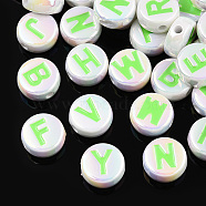 UV Plating Enamel Acrylic Beads, Iridescent, Mixed Letter, Flat Round, Lawn Green, 15x7mm, Hole: 2.2mm(PACR-N015-01C)