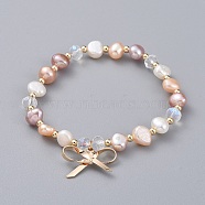 Charm Bracelets, with Natural Cultured Freshwater Pearl Beads, Glass Beads, Brass Round Spacer Beads and Brass Pendants, Bowknot, with Burlap Bags, Seashell Color, 2-1/8 inch(5.3cm)(BJEW-JB04925-04)