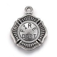 Tibetan Style Alloy Pendants, Firefighter, Flat Round with Word Fire Dept, Antique Silver, 22x18x2mm, Hole: 2mm(X-PALLOY-H190-03AS)