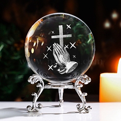 Inner Carving Cross & Prayer Hand Glass Crystal Ball Diaplay Decoration, with Alloy Pedestal, Fengshui Home Decor, Clear, 60x80mm(PW-WG8331F-01)