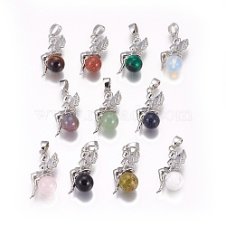 Natural & Synthetic Mixed Stone Pendants, with Platinum Tone Brass Findings, Fairy, 25~26x12~13x8mm, Hole: 3.5x5.5mm(G-L512-E)
