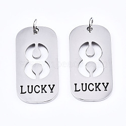 201 Stainless Steel Pendants, Laser Cut, with Jump Rings, Rectangle with Number and Word LUCKY, Stainless Steel Color, Num.8, 35x17x1.5mm, Jump Ring: 6x1mm, Inner Diameter: 4mm(STAS-T044-220P-8)