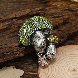 Mushroom Rhinestone Brooch Pin, Alloy Badge for Backpack Clothes, Antique Silver, Peridot, 54x35mm(PW-WGEBA46-02)