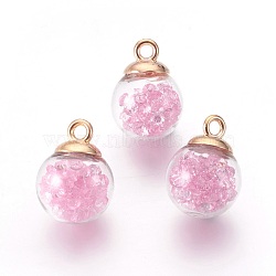 Transparent Glass Bottle Pendants, with Glass Rhinestone Inside and  Eco-Friendly Plastic Bottle Caps, Round, Pink, 21x16mm, Hole: 2.5mm(GLAA-L018-01)