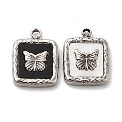 304 Stainless Steel Pendants, with Shell & Acrylic, Square with Butterfly, Stainless Steel Color, 16x12x3mm, Hole: 1.8mm(STAS-A079-02P)