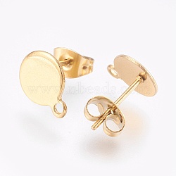 Ion Plating(IP) 304 Stainless Steel Stud Earring Findings, with Flat Plate, Flat Round, Golden, 12mm, 10.5~11x8x0.7mm, pin: 0.8mm(STAS-G178-02G-8mm)