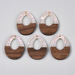 Epoxy Resin & Walnut Wood Pendants, with Paillette/Sequin, Teardrop, Lavender, 37x28x3mm, Hole: 2mm(RESI-T057-12A)