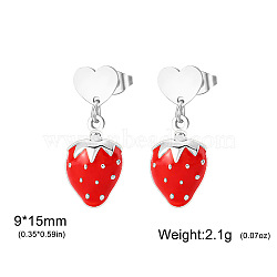 304 Stainless Steel Stud Dangle Earrings, Fruits, Stainless Steel Color, Strawberry, 15x6mm(WG2FA29-03)