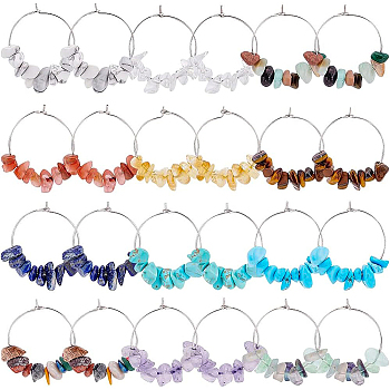 24Pcs 12 Styles Natural & Synthetic Mixed Gemstone Chip Beaded Wine Glass Charms, Brass Hoop Earrings, 30~34mm, Pin: 0.8mm, 2pcs/style